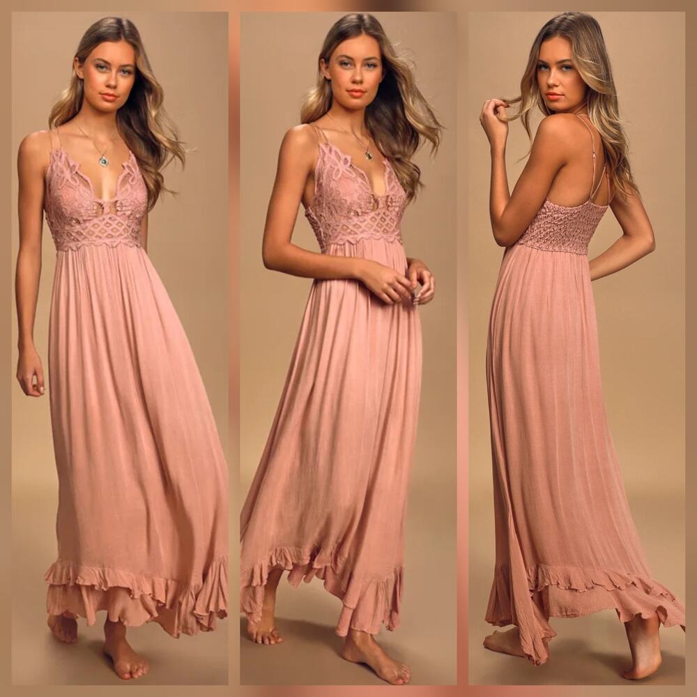 Free People FP One Adella Slip Maxi Dress Mauve Pink Lace Boho Size S Small